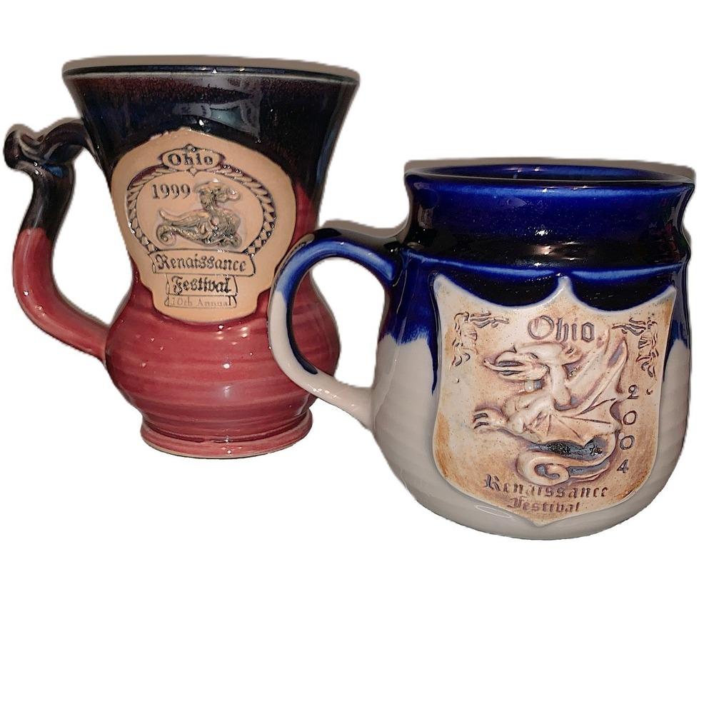Ohio Renaissance Festivals 1999 & 2004 Mugs Thrown HC Pottery Dragon Shields NOS